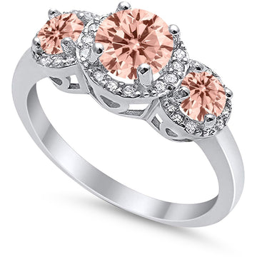 Three Stone Simulated Morganite CZ Wedding Ring 925 Sterling Silver